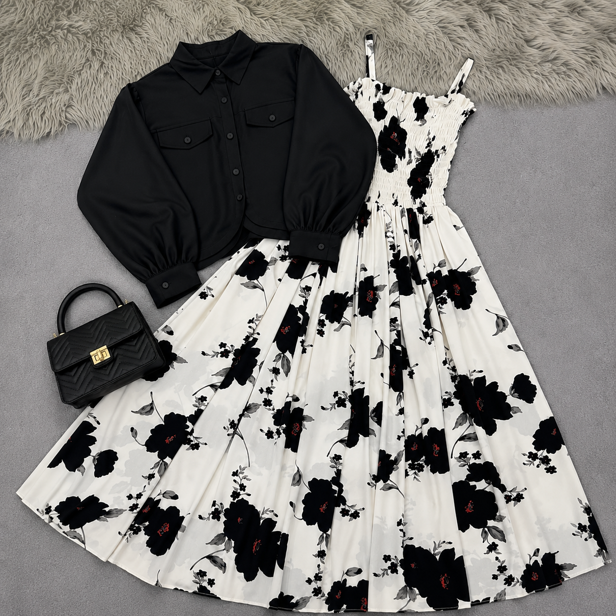 Noir Blossom Floral Dress Set | K-10