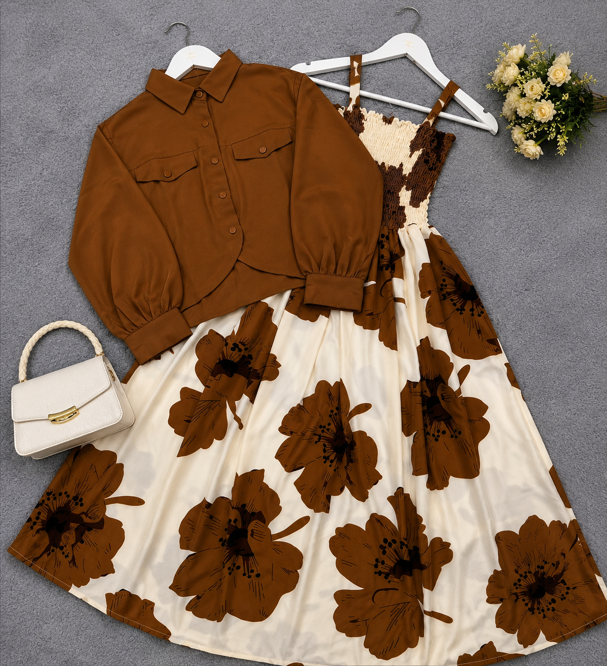 Mocha Bloom Ivory Floral Midi Dress | K-1