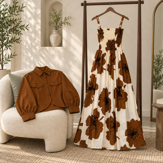 Mocha Bloom Ivory Floral Midi Dress | K-1