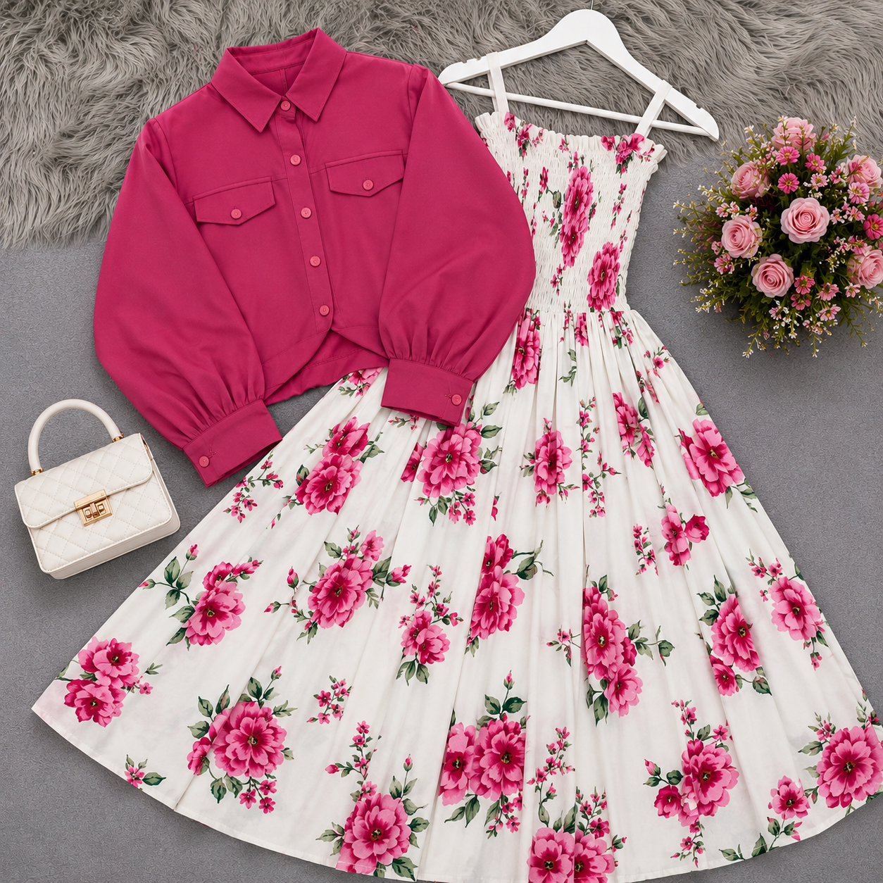 Fuchsia Bloom Floral Dress Set | K-7