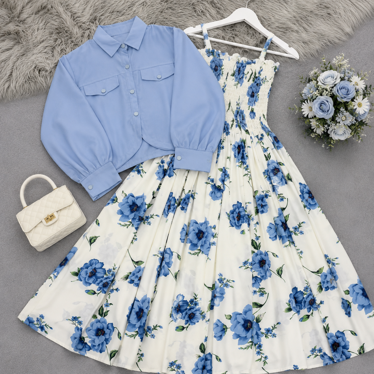 Azure Bloom Blue Floral Midi Dress | K-8
