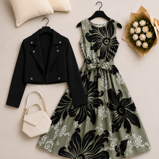 Olive Noir Floral Dress Set | K-11