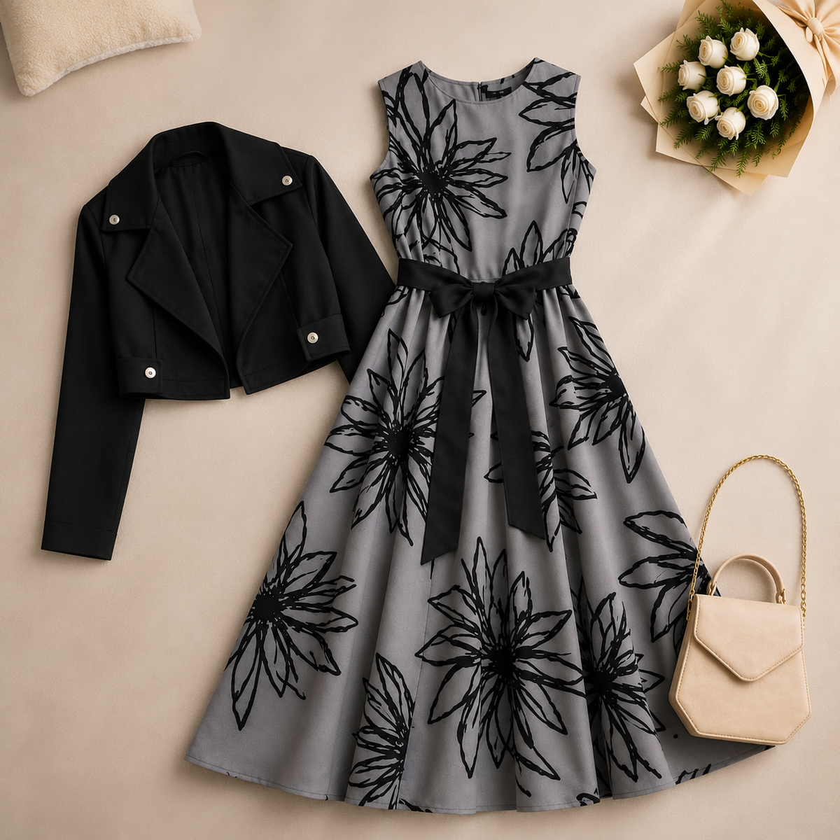 Silver Noir Floral Dress Set