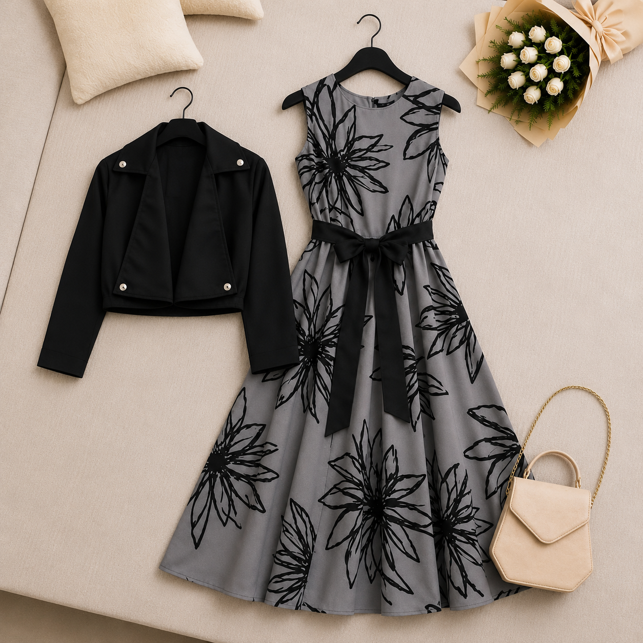 Silver Noir Floral Dress Set