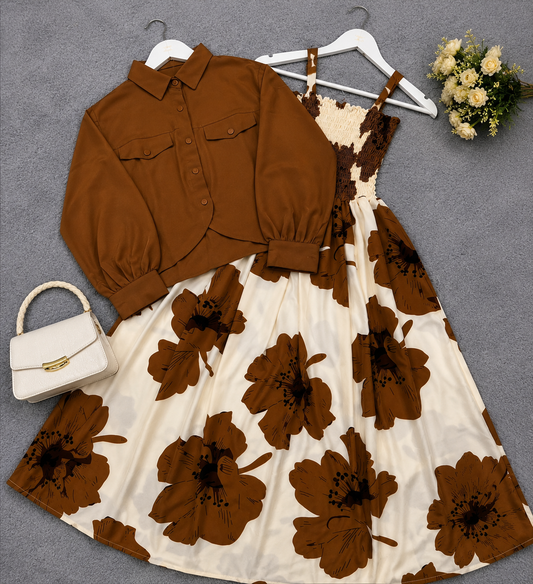 Mocha Bloom Ivory Floral Midi Dress | K-1
