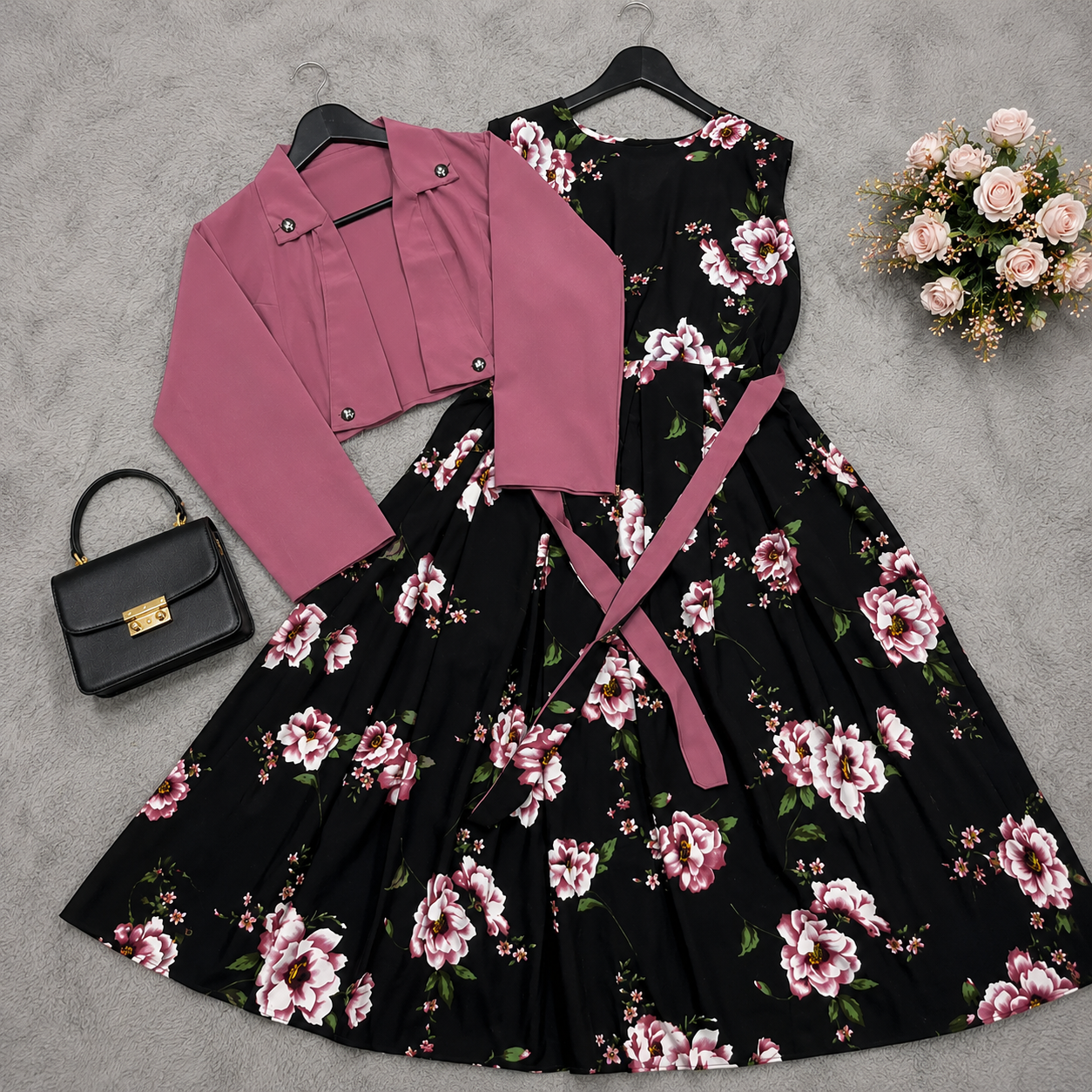 Mauve Noir Black Floral Midi Dress | K-2
