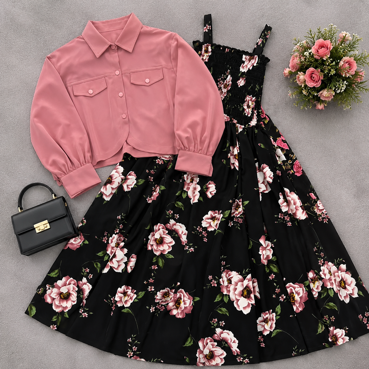Noir Black Floral Dress Set | K-4